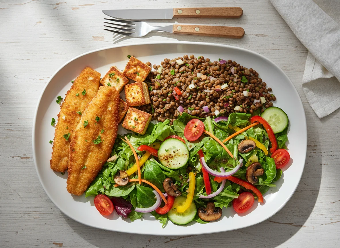 Fischfilet und Tofu mit Linsensalat und gemischtem Salat photo