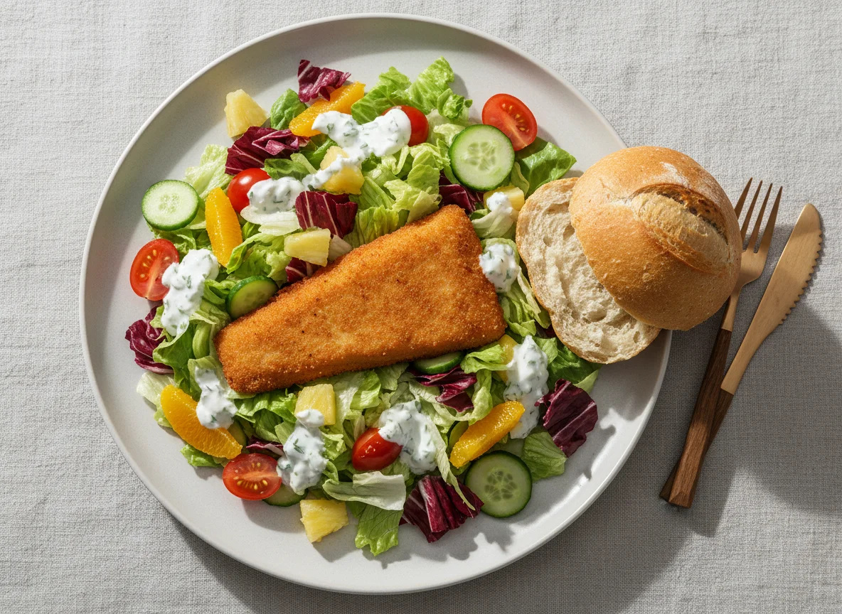 Fischfilet-Salat mit Brötchen photo