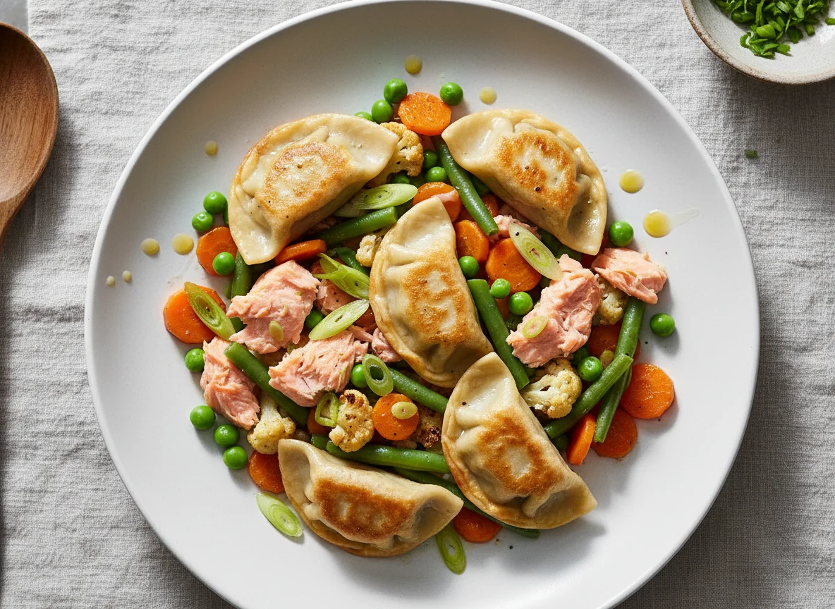 Fisch-Gemüse-Pfanne mit Teigtaschen photo