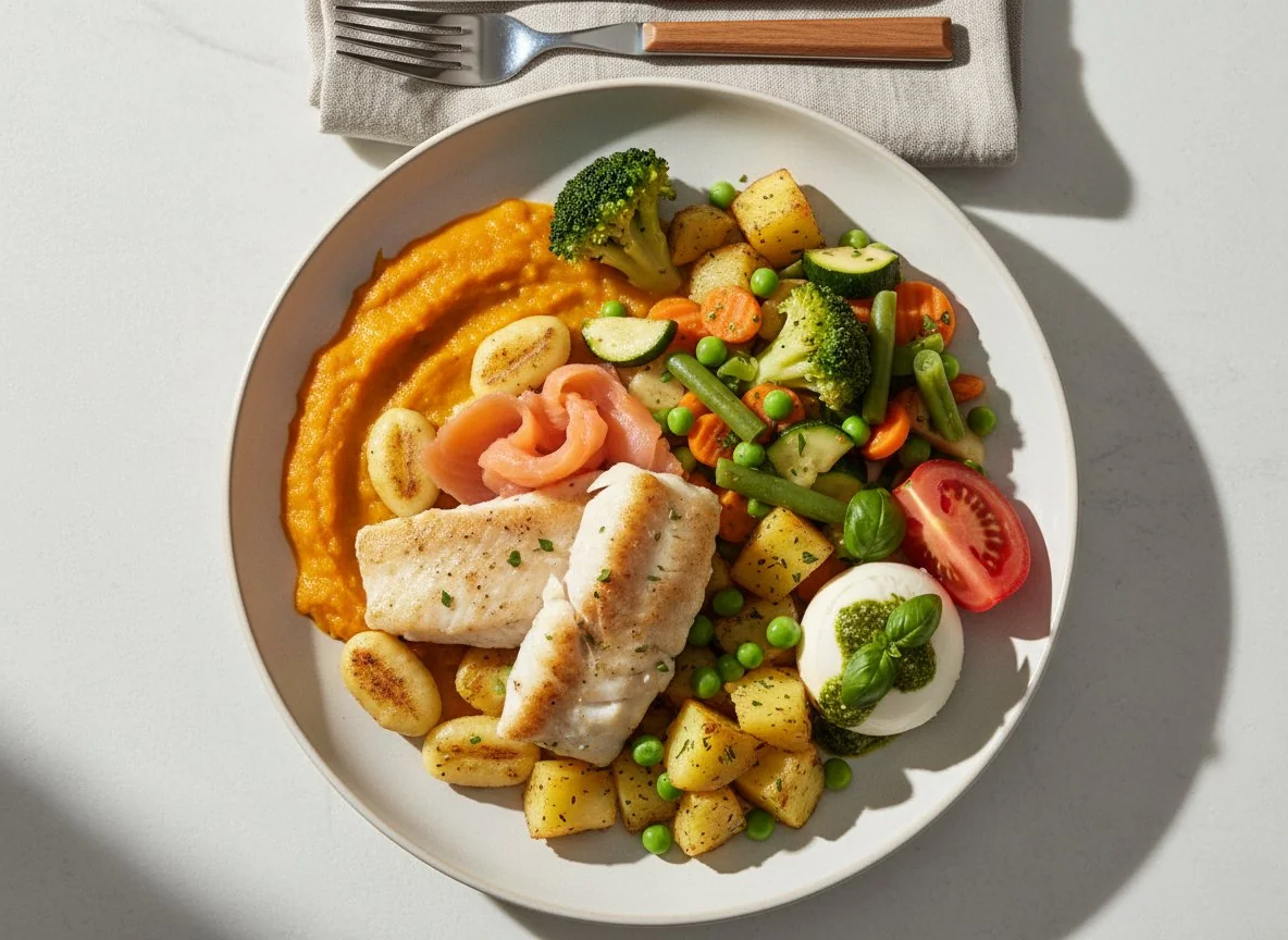 Fischgericht mit Gnocchi, Gemüse und Lachs photo