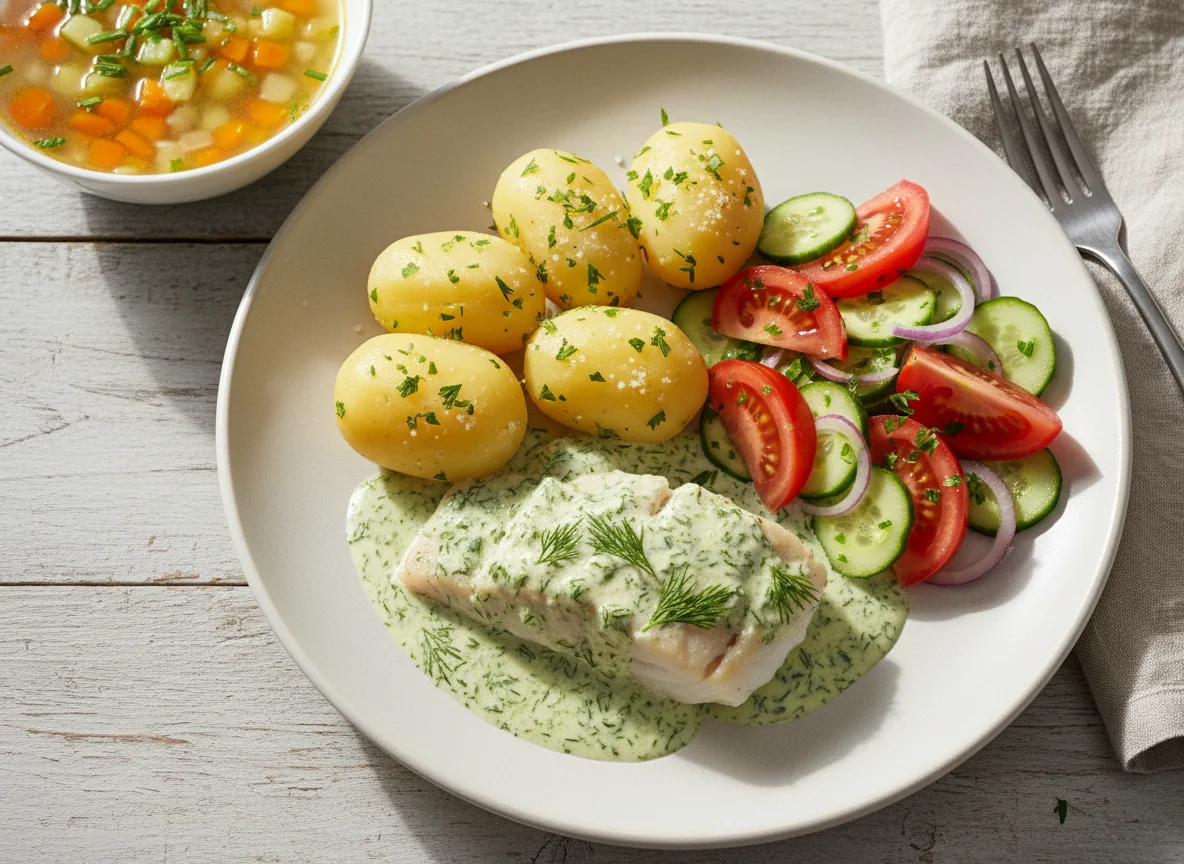 Fischgericht mit Kartoffeln, Dillsauce, Tomaten-Gurken-Salat und Suppe photo