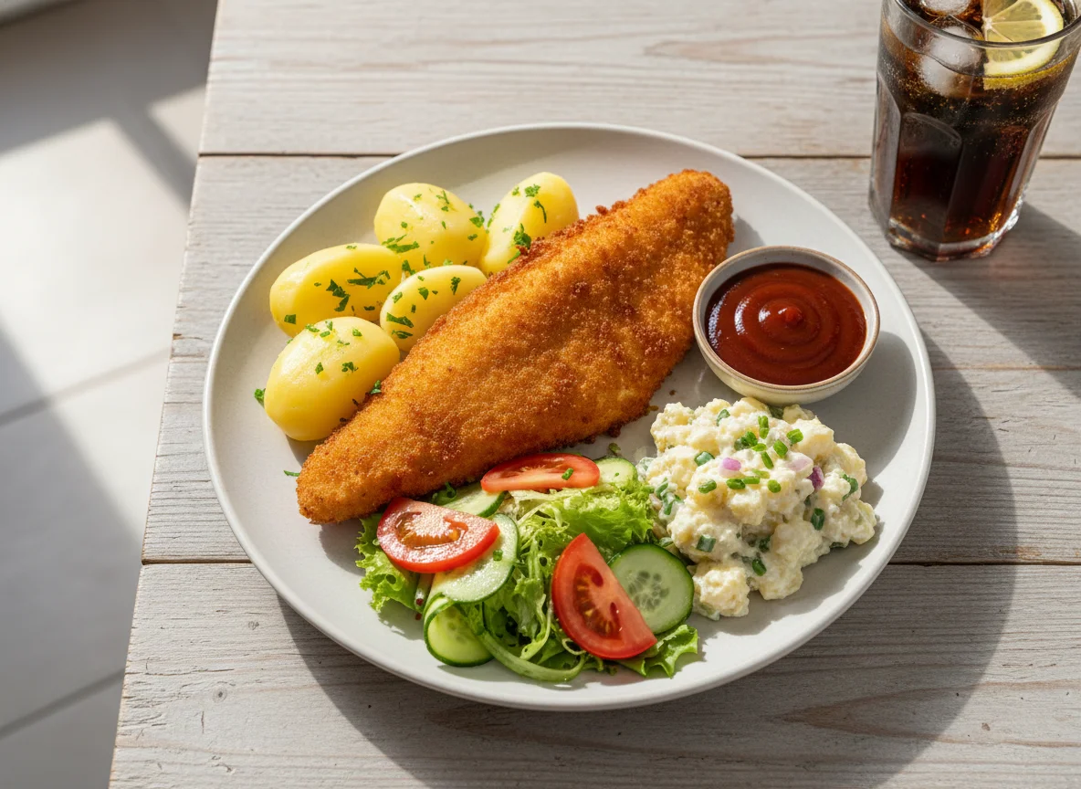 Fischgericht mit Kartoffeln und Salat photo