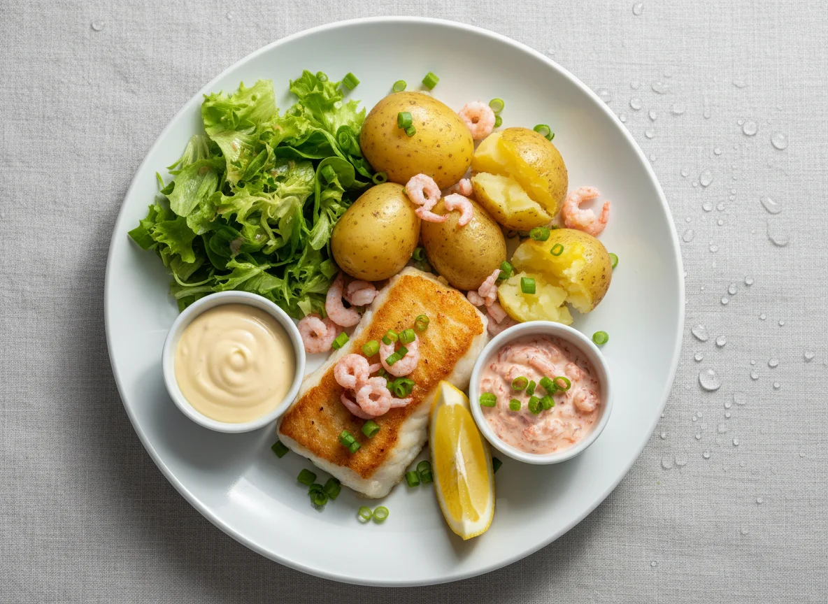 Fischgericht mit Kartoffeln und Saucen photo