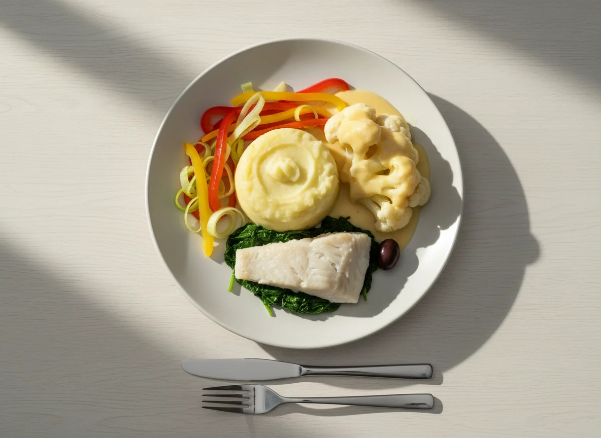 Fischgericht mit Kartoffelpüree und Gemüse photo