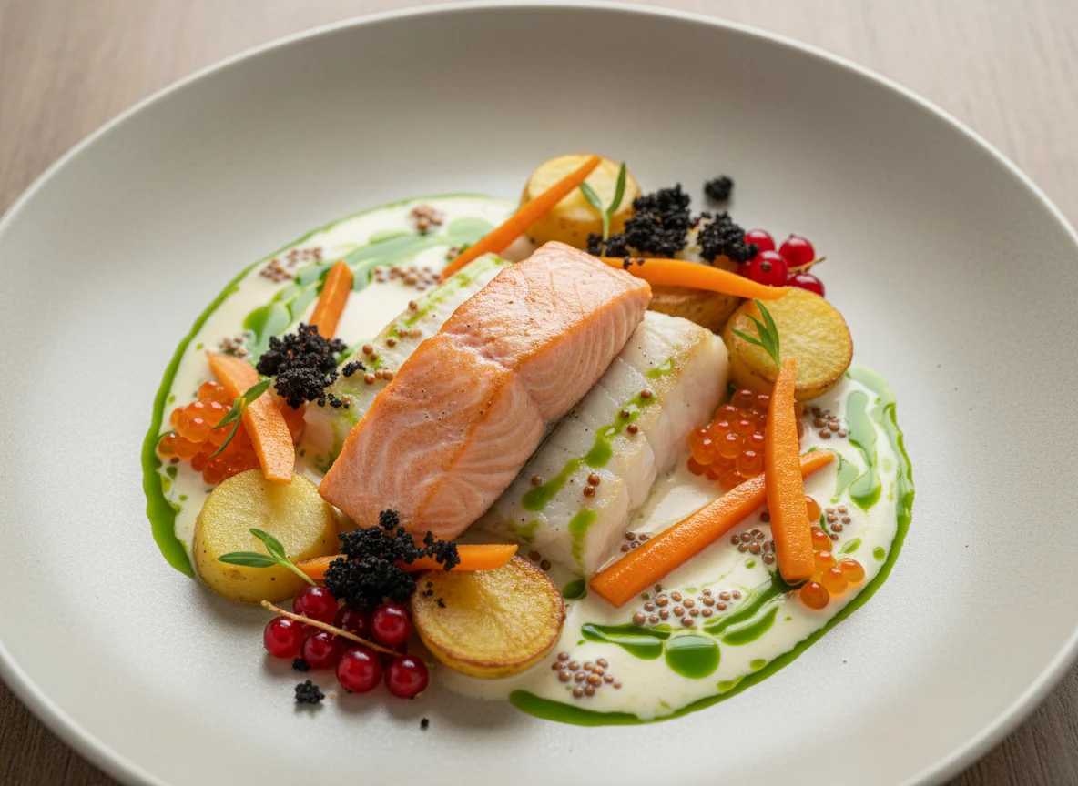 Fischgericht mit Lachs und Beilagen photo