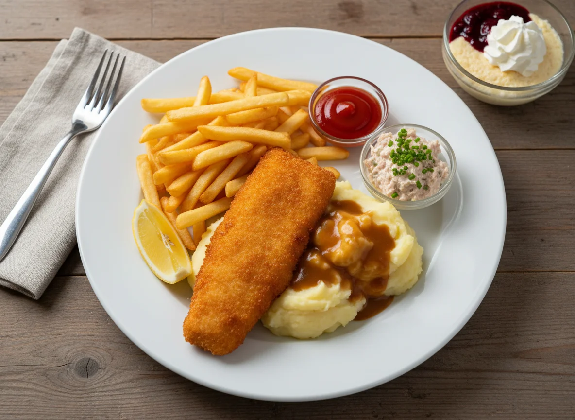 Fischgericht mit Pommes und Püree photo