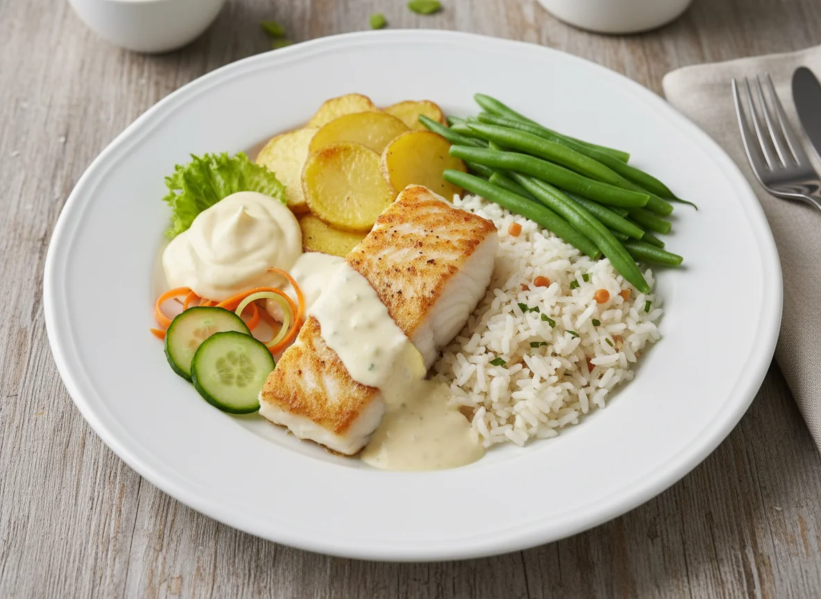 Fischgericht mit Reis, Bohnen und Kartoffelscheiben photo