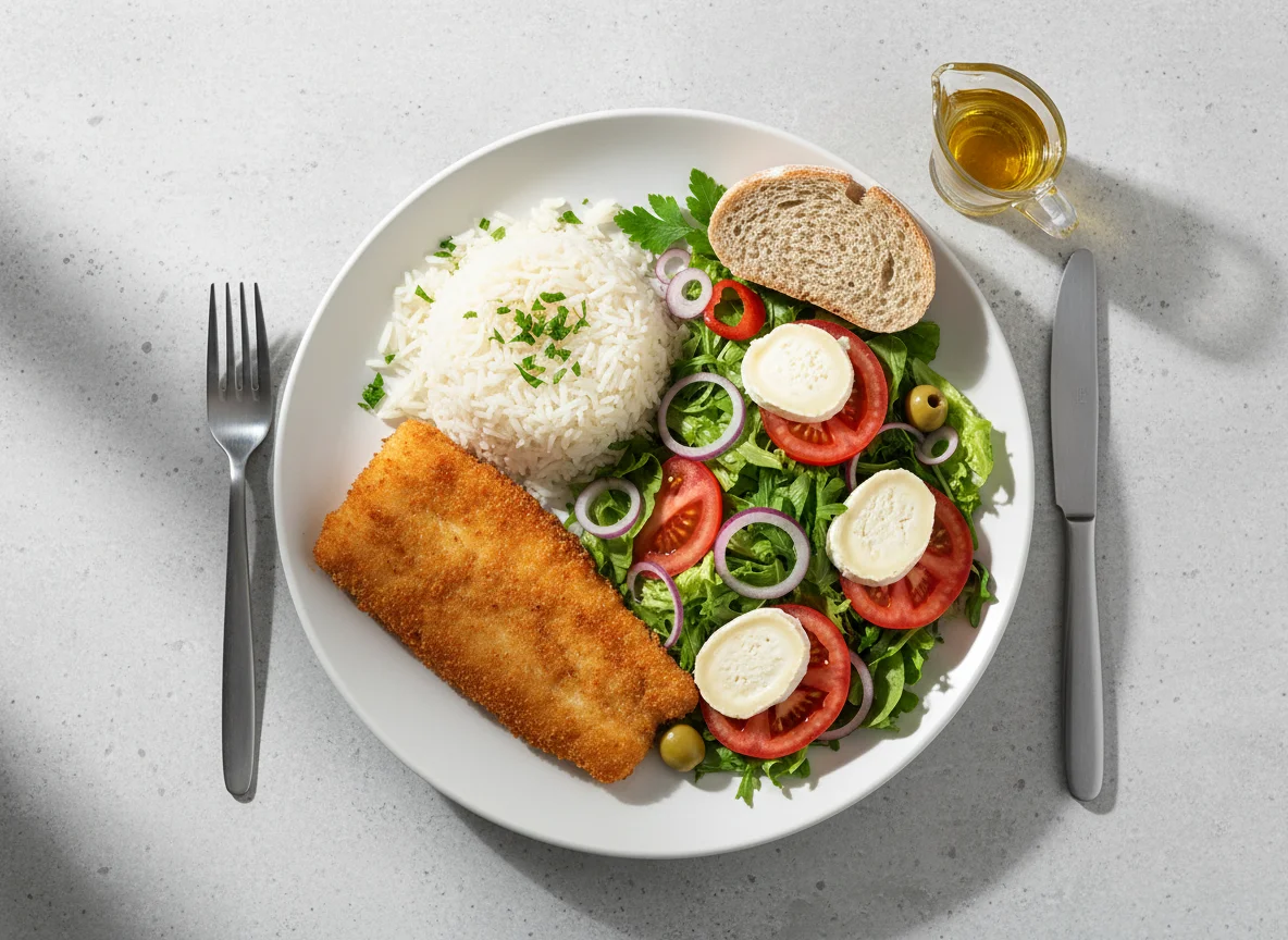Fischgericht mit Reis und Salat photo