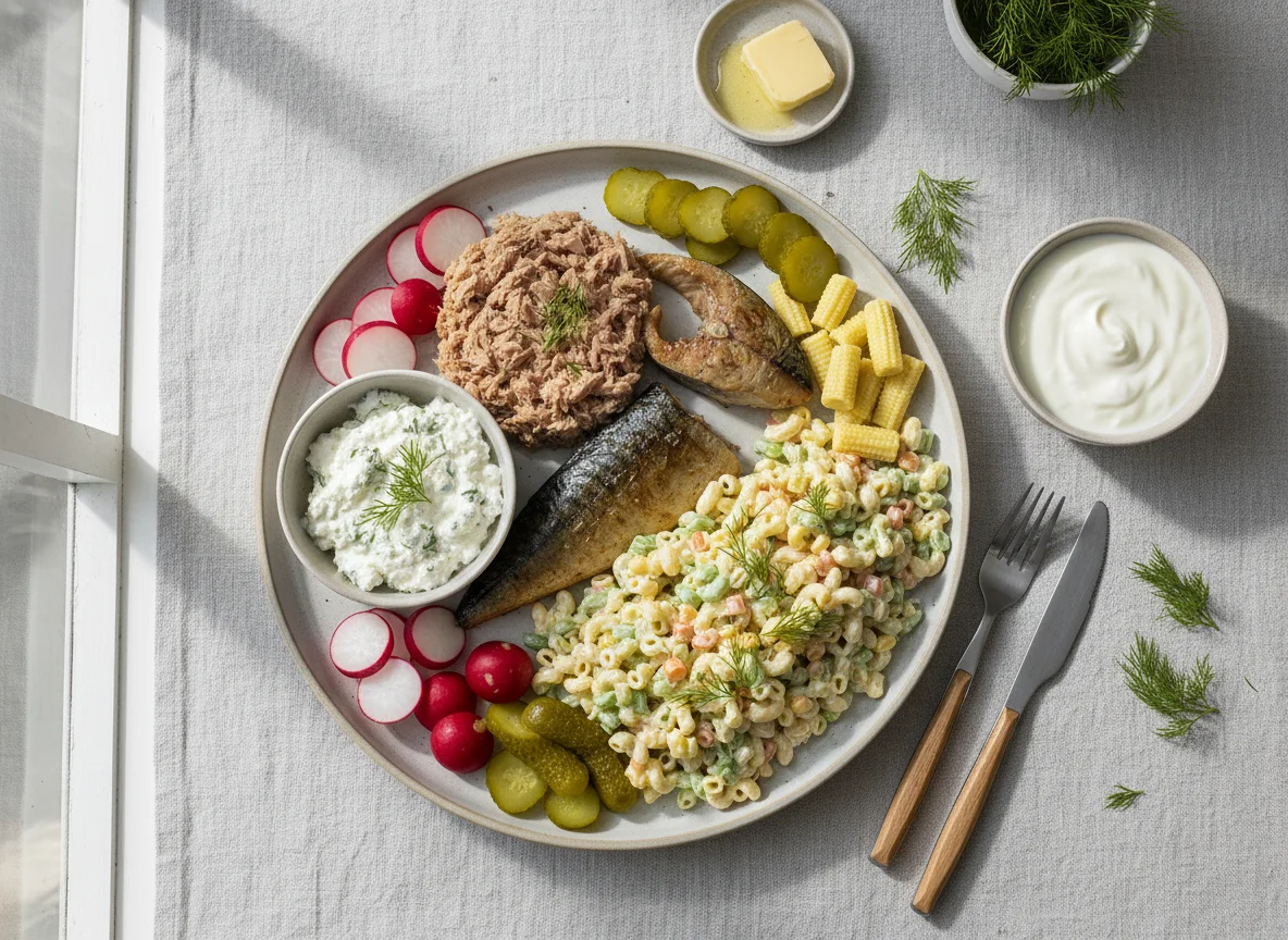 Fischgericht mit Salat und Beilagen photo