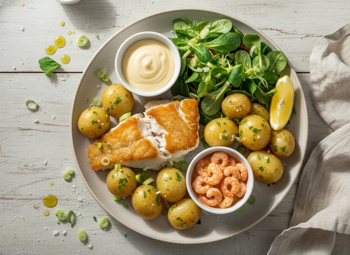 Fischgericht mit Salzkartoffeln und Saucen photo