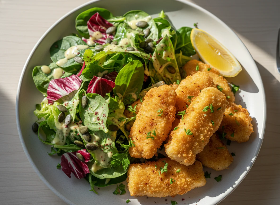 Fischknusperli mit gemischtem Salat photo