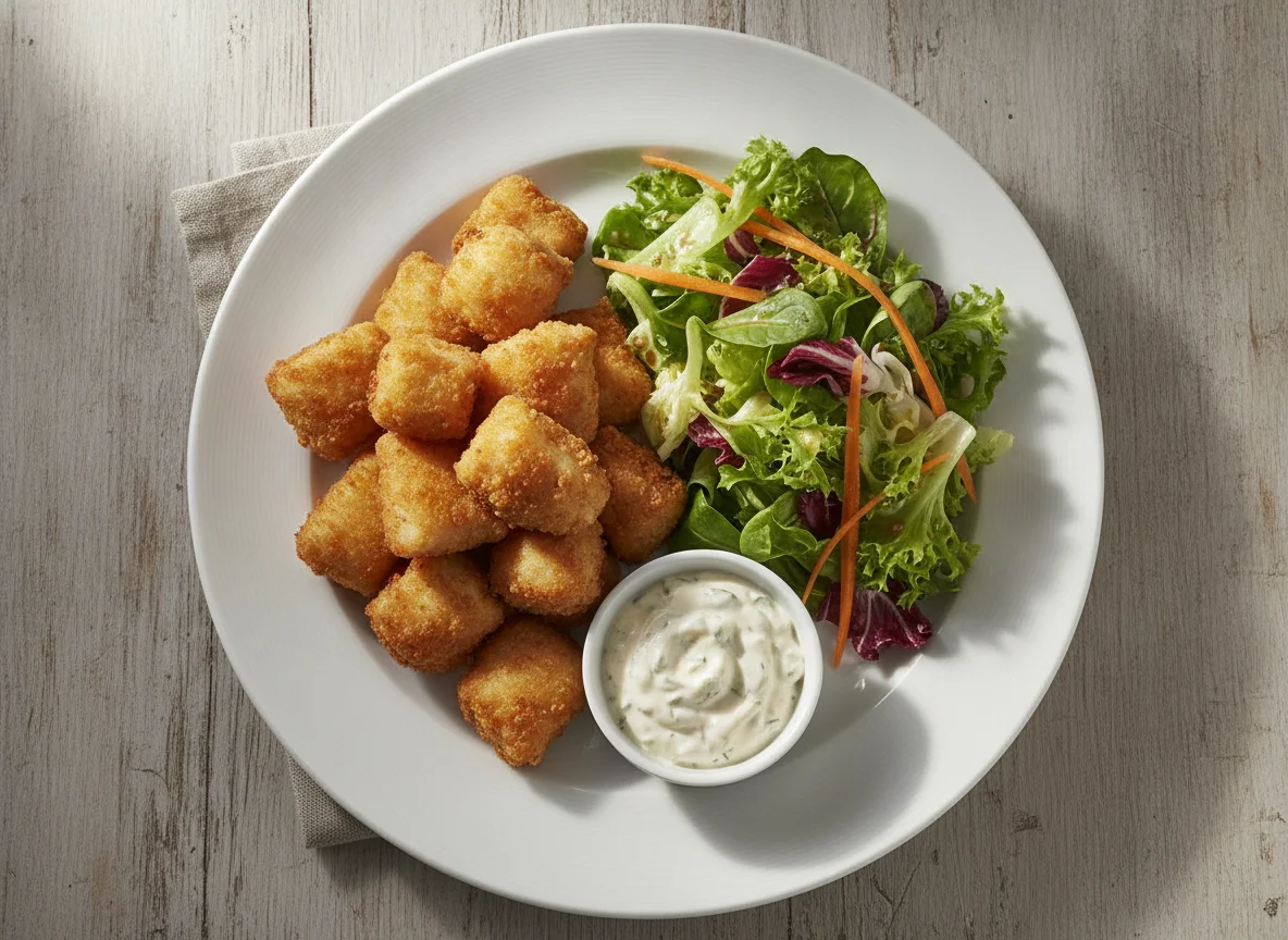 Fischknusperli mit gemischtem Salat und Tartarsauce photo