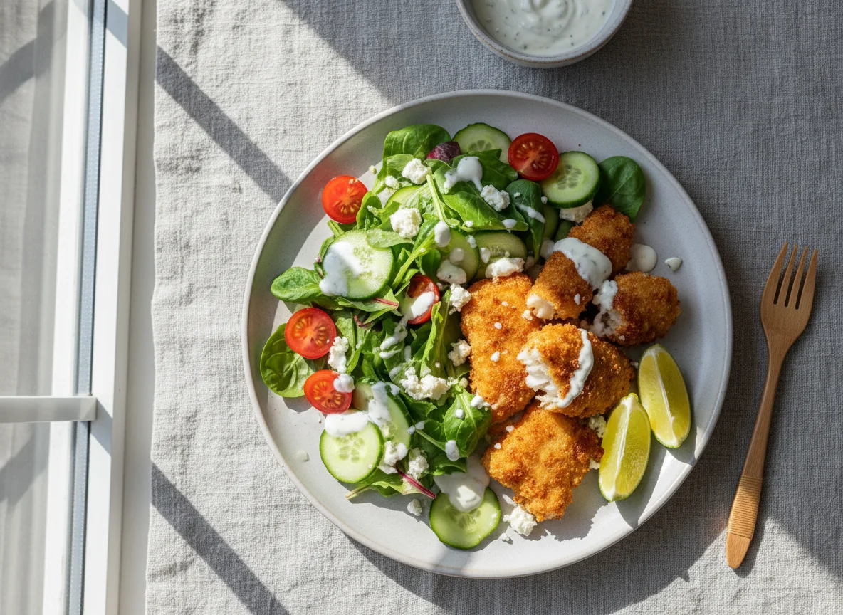 Fischknusperli mit Salat und Limette photo