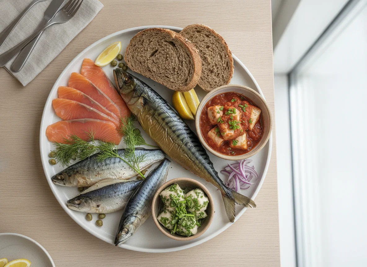 Fischplatte mit Brot photo
