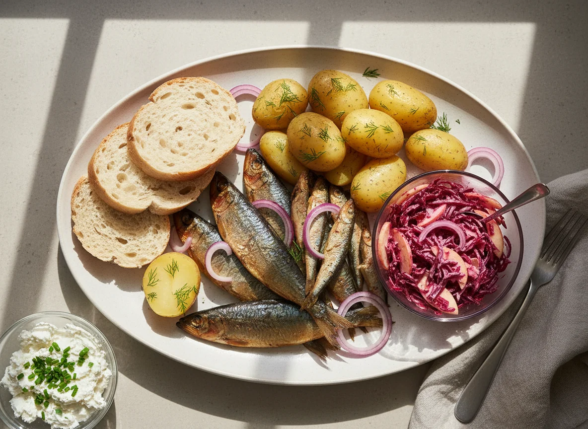 Fischplatte mit Kartoffeln und Rote Bete photo