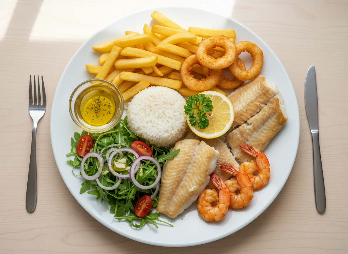 Fischplatte mit Pommes, Reis und Salat photo