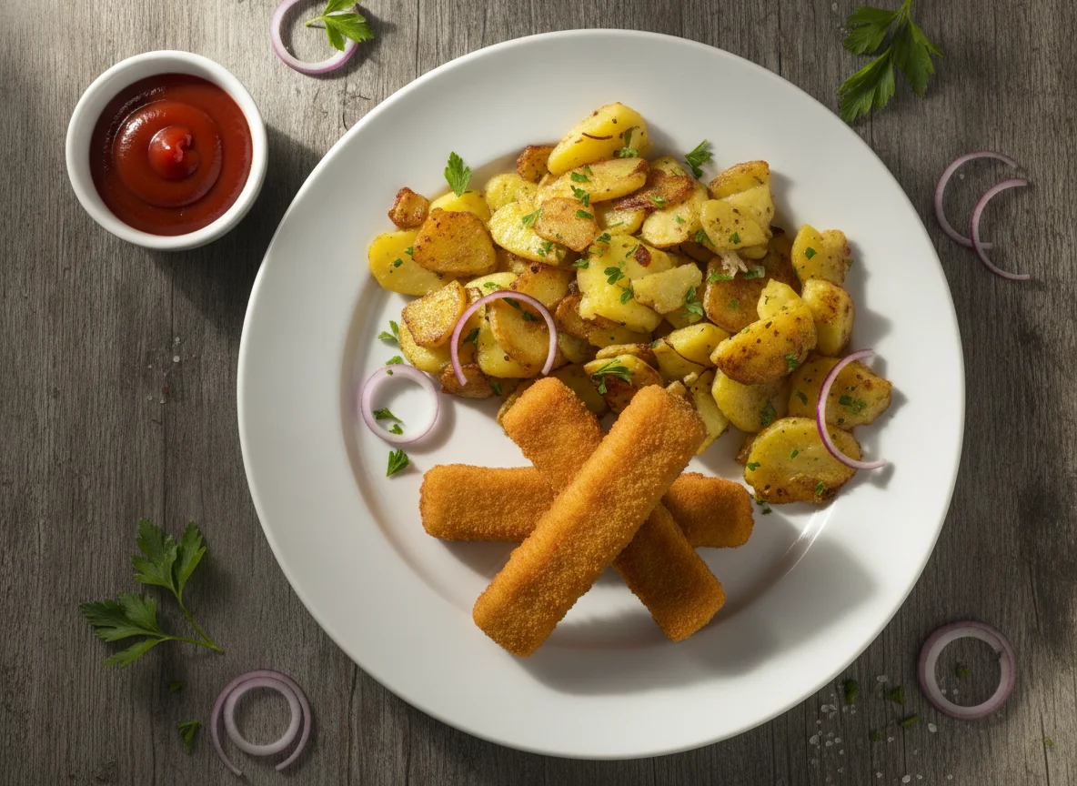 Fischstäbchen mit Bratkartoffeln und Ketchup photo