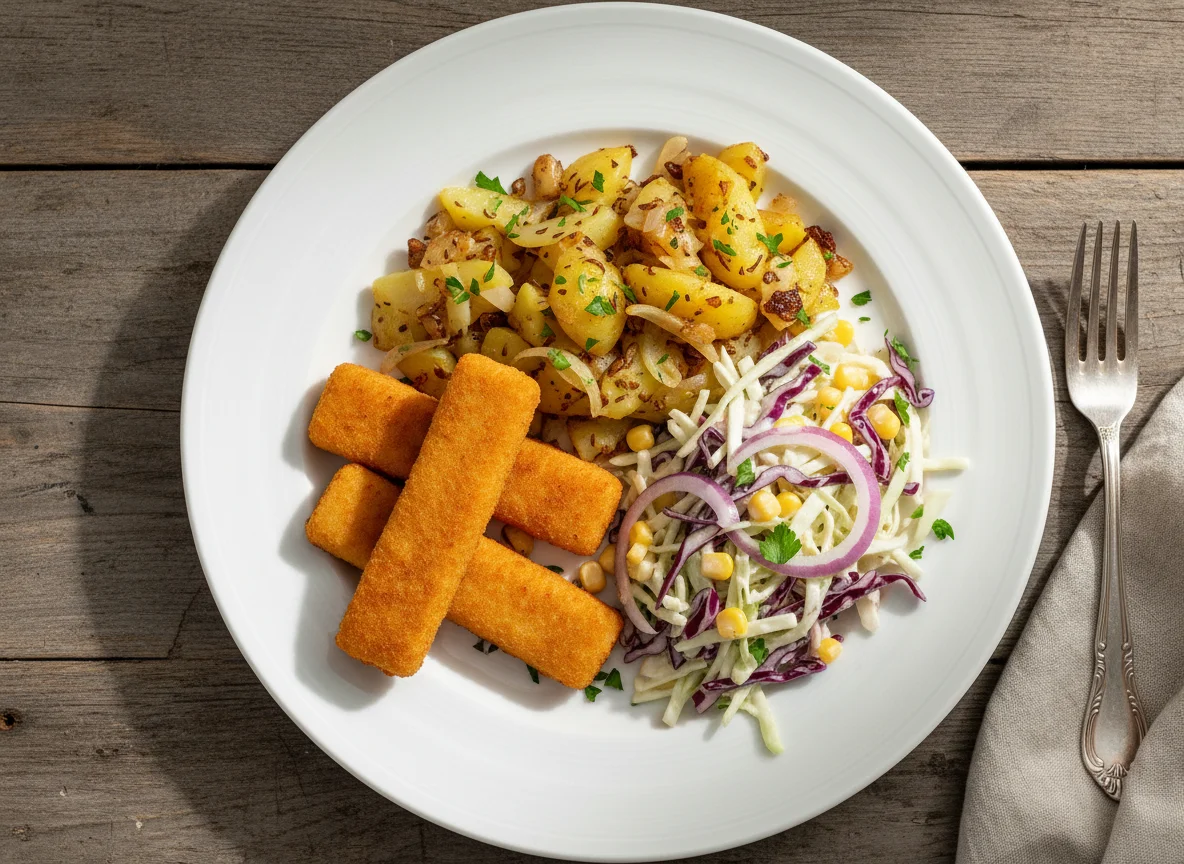 Fischstäbchen mit Bratkartoffeln und Krautsalat photo