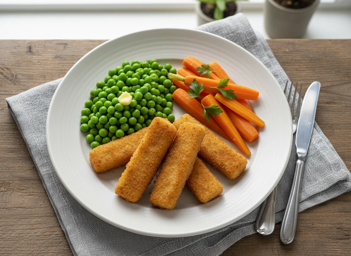 Fischstäbchen mit Erbsen und Karotten photo