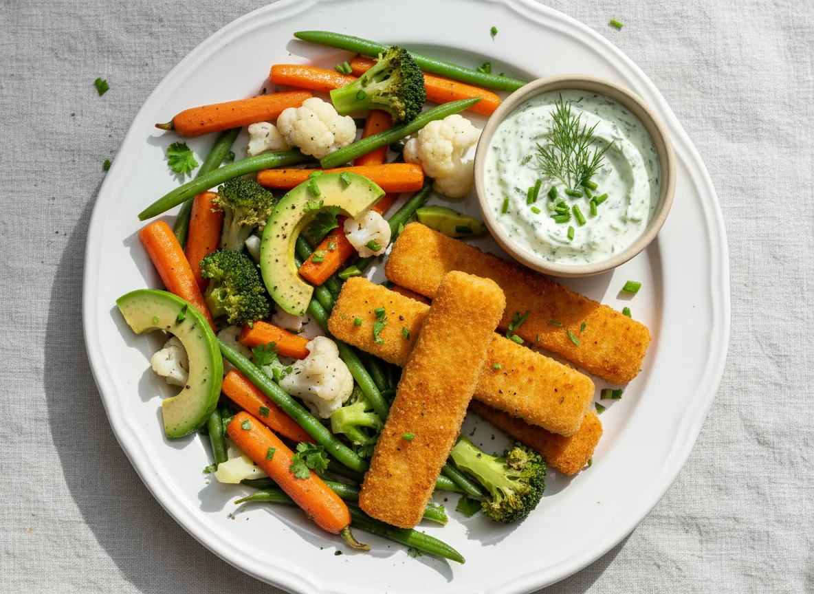 Fischstäbchen mit Gemüse und Dip photo