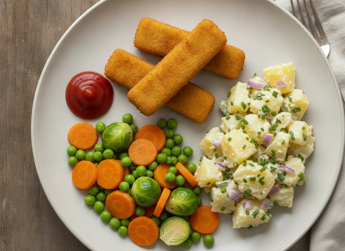 Fischstäbchen mit Gemüse und Kartoffelsalat photo