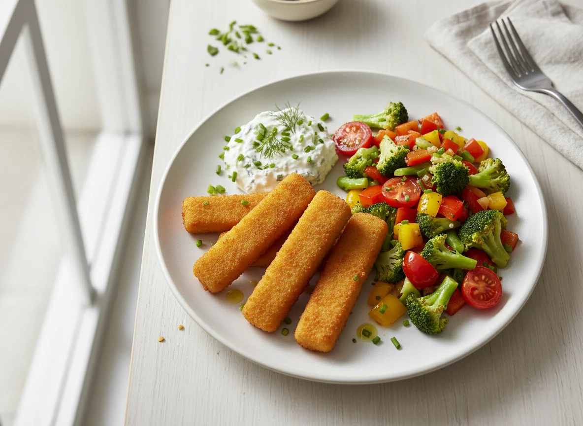 Fischstäbchen mit Gemüse und Kräuterquark photo
