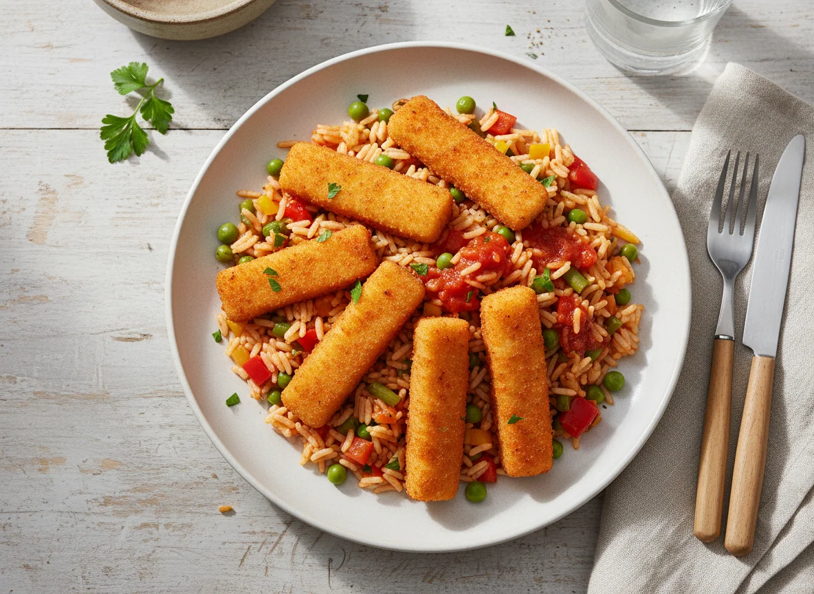 Fischstäbchen mit Gemüsereis photo