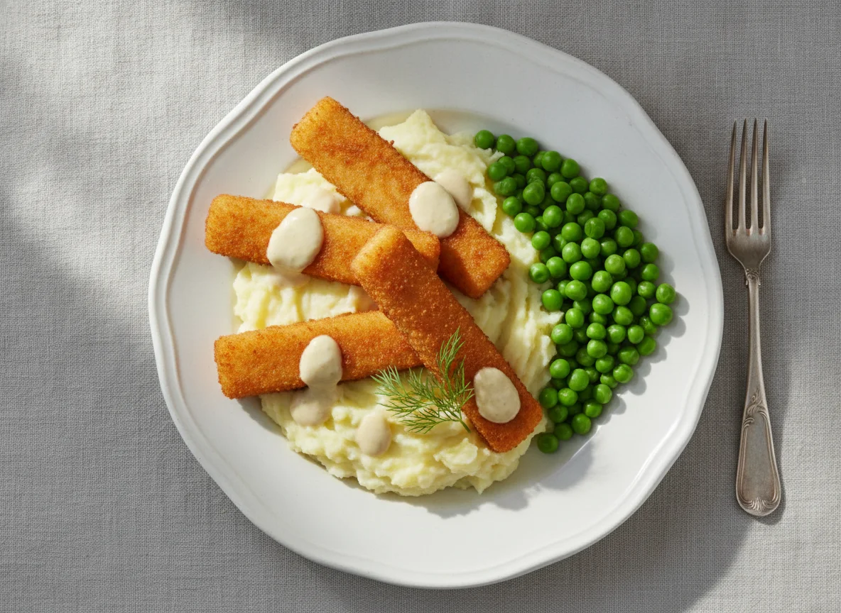 Fischstäbchen mit Kartoffelbrei und Erbsen photo