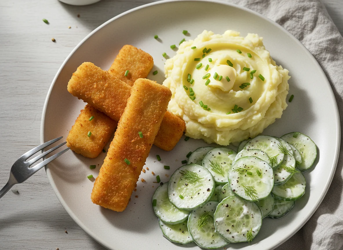 Fischstäbchen mit Kartoffelbrei und Gurkensalat photo
