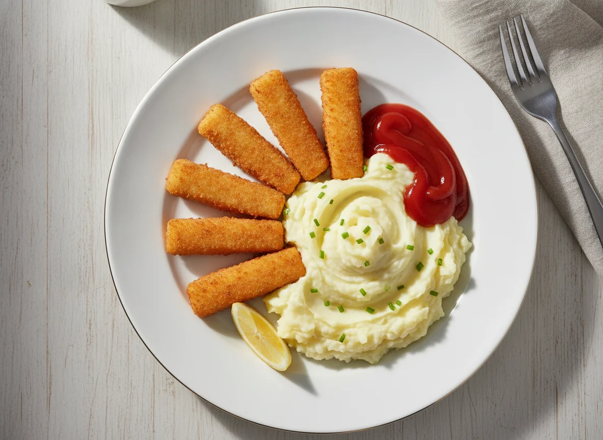 Fischstäbchen mit Kartoffelbrei und Ketchup photo