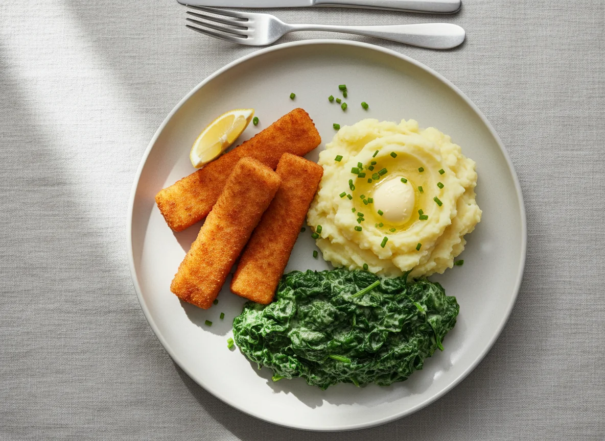 Fischstäbchen mit Kartoffelbrei und Rahmspinat photo