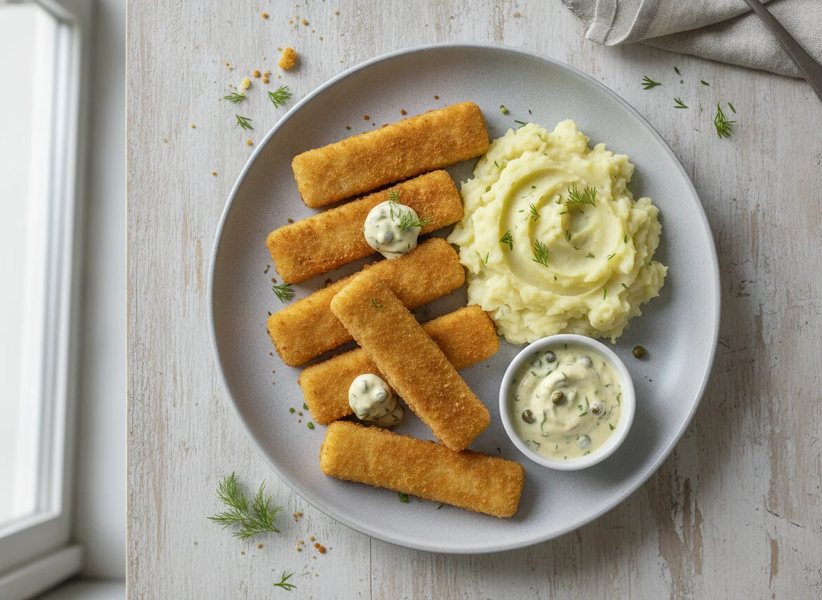 Fischstäbchen mit Kartoffelbrei und Remoulade photo
