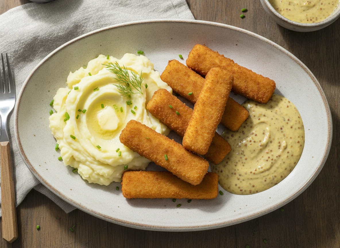 Fischstäbchen mit Kartoffelbrei und Senfsauce photo