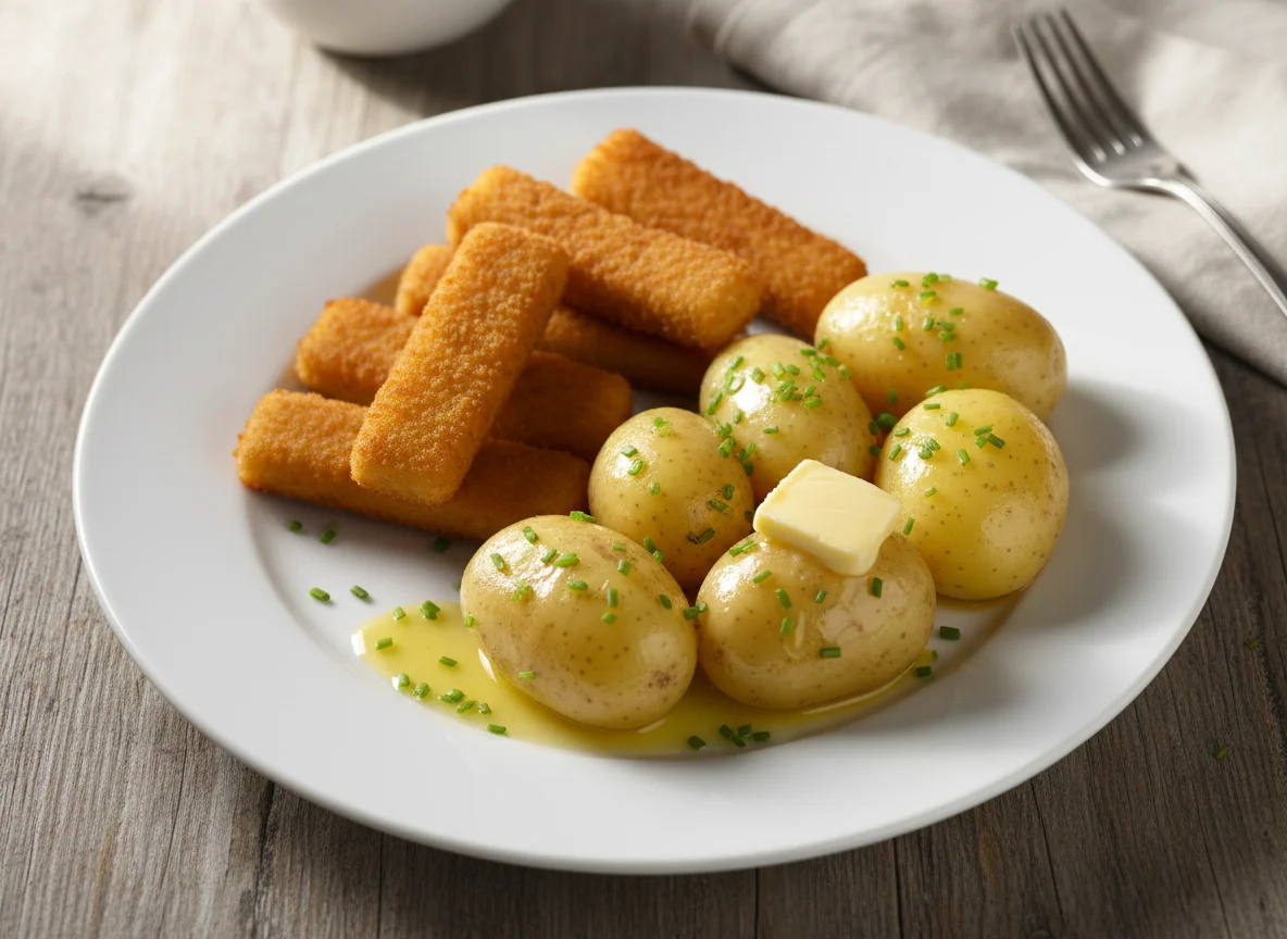 Fischstäbchen mit Kartoffeln und Butter photo