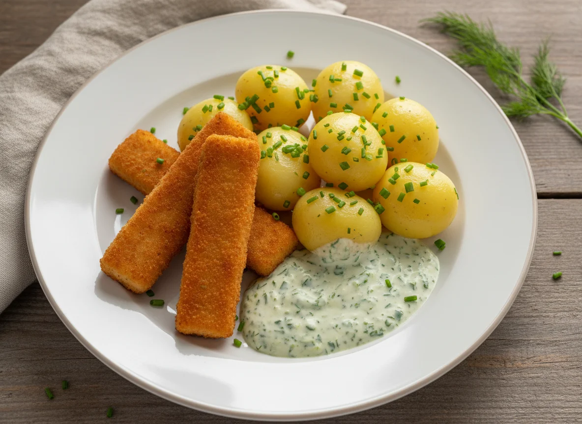 Fischstäbchen mit Kartoffeln und Kräutersauce photo