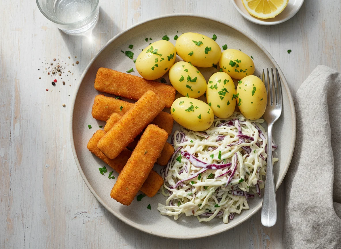 Fischstäbchen mit Kartoffeln und Krautsalat photo