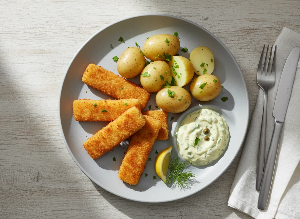 Fischstäbchen mit Kartoffeln und Remoulade photo