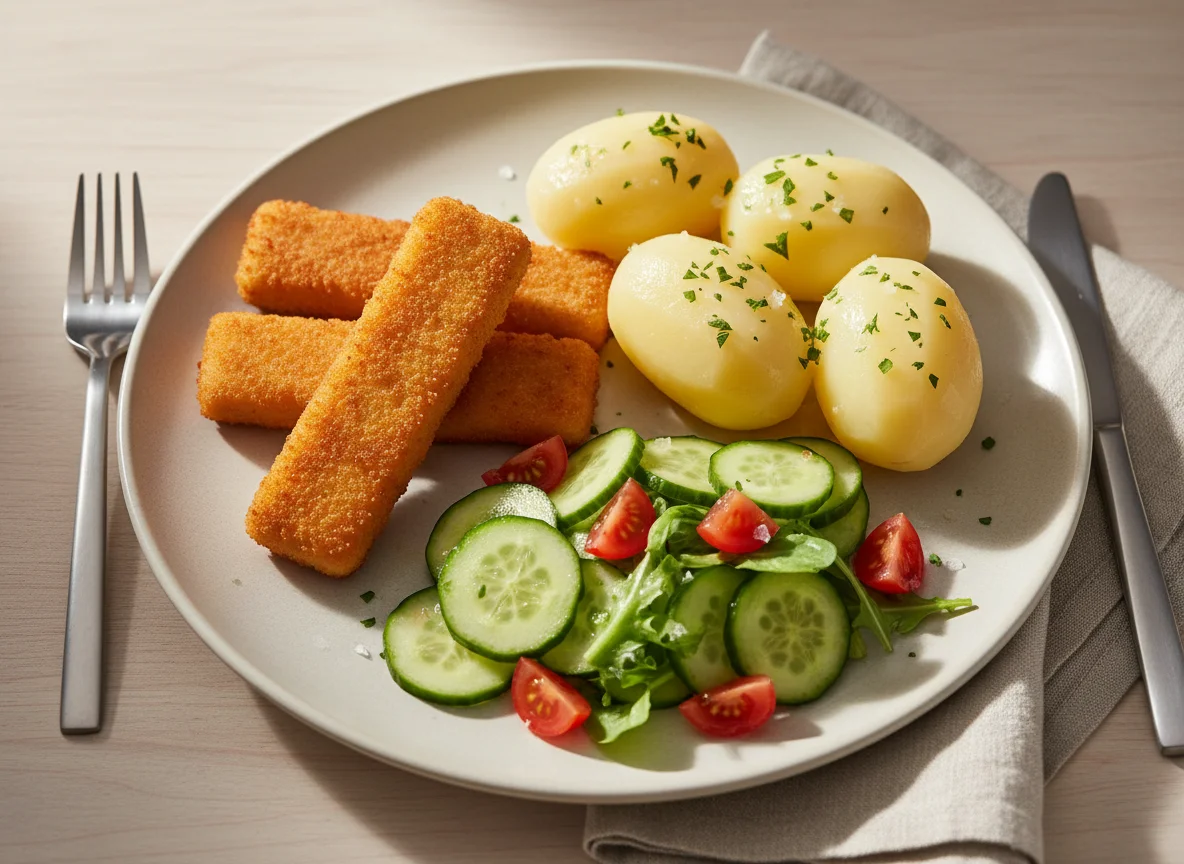 Fischstäbchen mit Kartoffeln und Salat photo