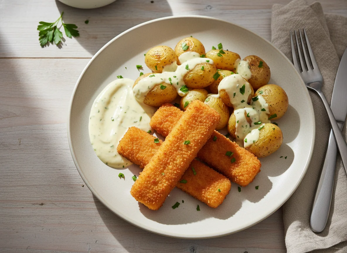 Fischstäbchen mit Kartoffeln und Soße photo