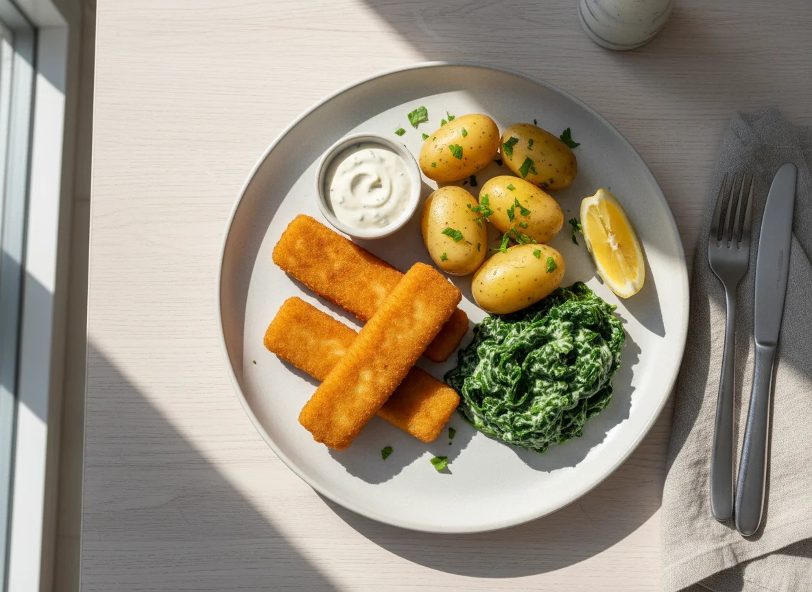 Fischstäbchen mit Kartoffeln und Spinat photo