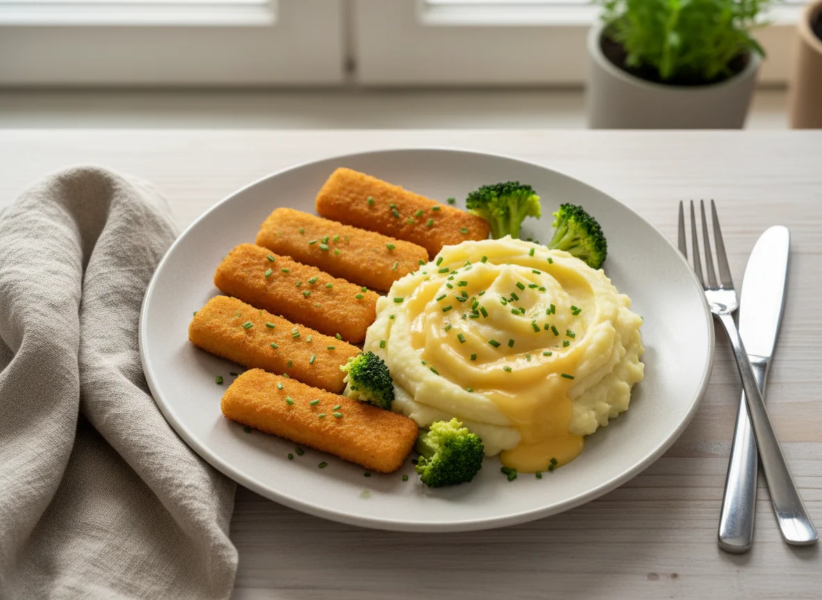 Fischstäbchen mit Kartoffelpüree und Brokkoli photo