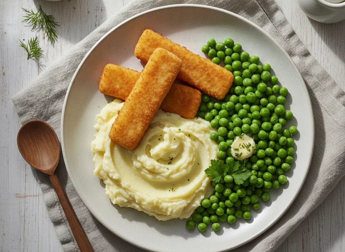 Fischstäbchen mit Kartoffelpüree und Erbsen photo