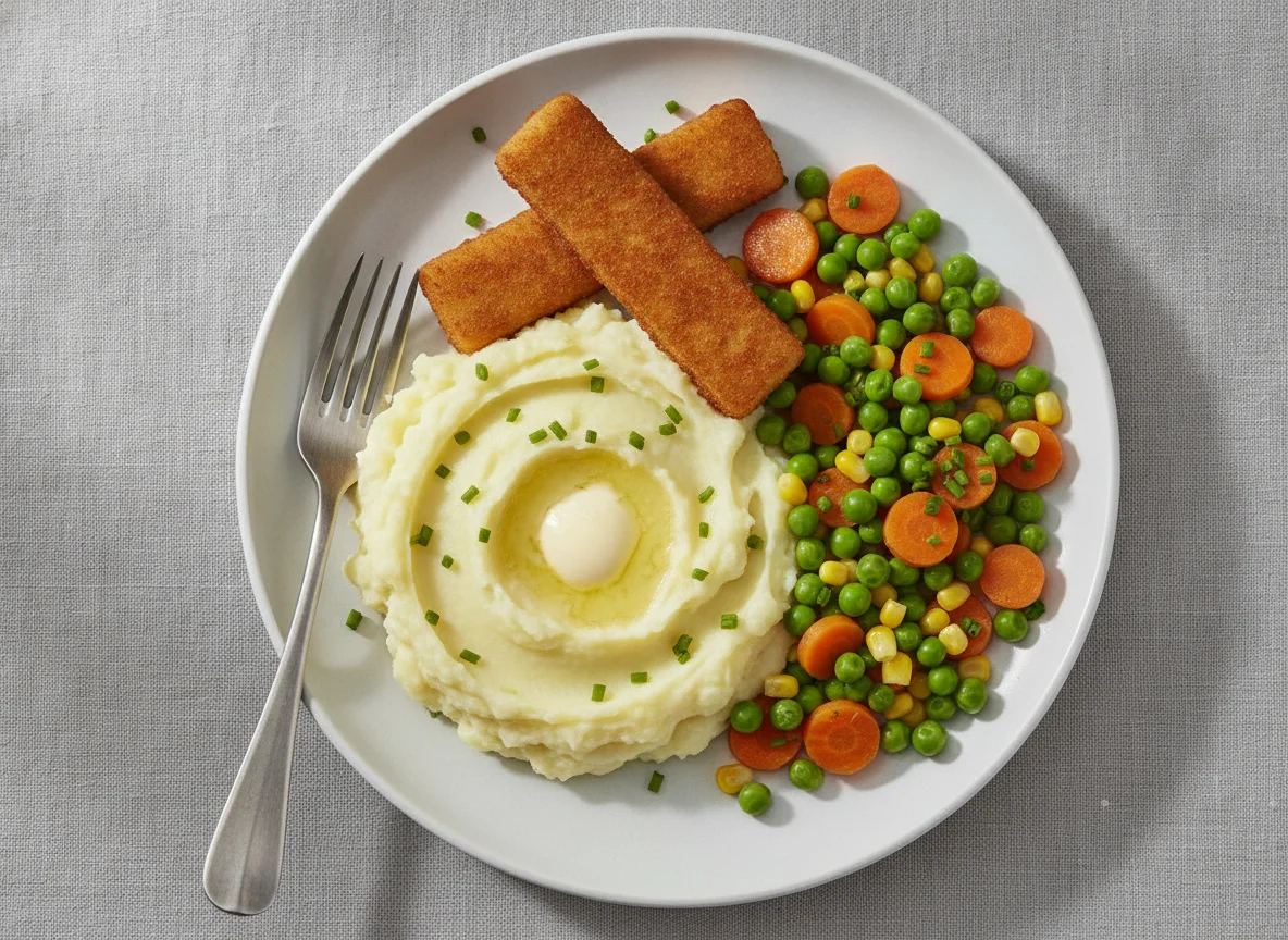 Fischstäbchen mit Kartoffelpüree und Erbsen-Möhren-Gemüse photo