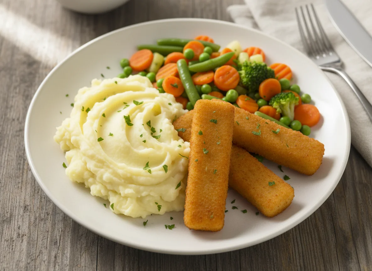 Fischstäbchen mit Kartoffelpüree und Gemüse photo