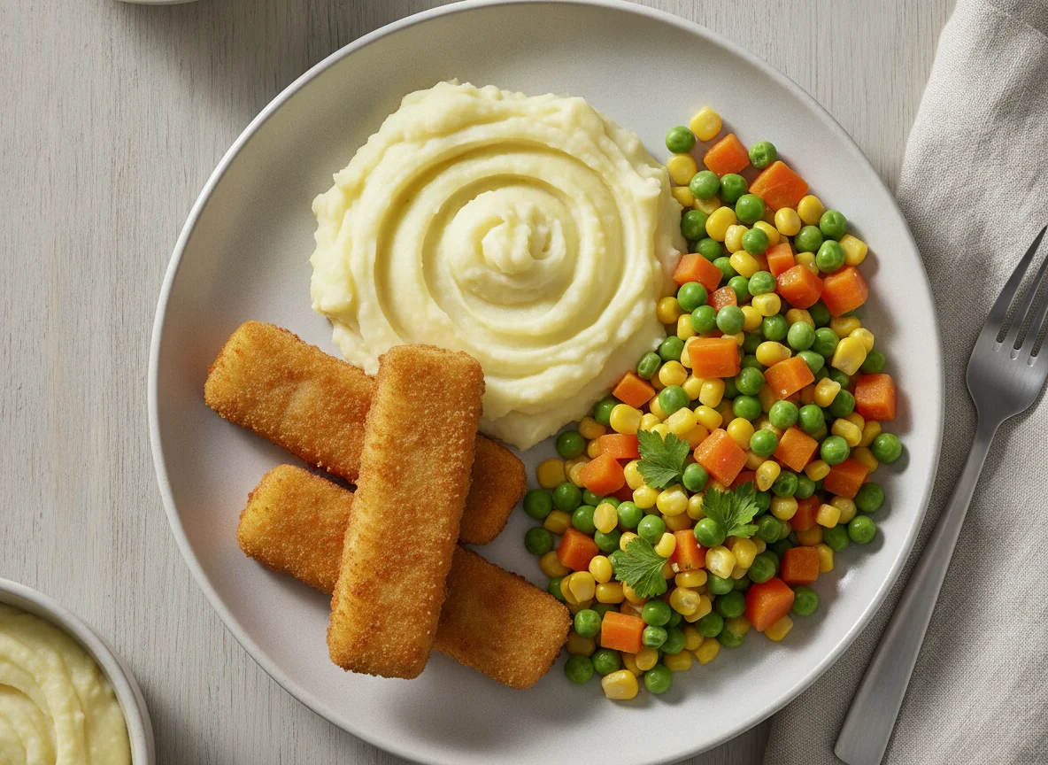 Fischstäbchen mit Kartoffelpüree und Mischgemüse photo