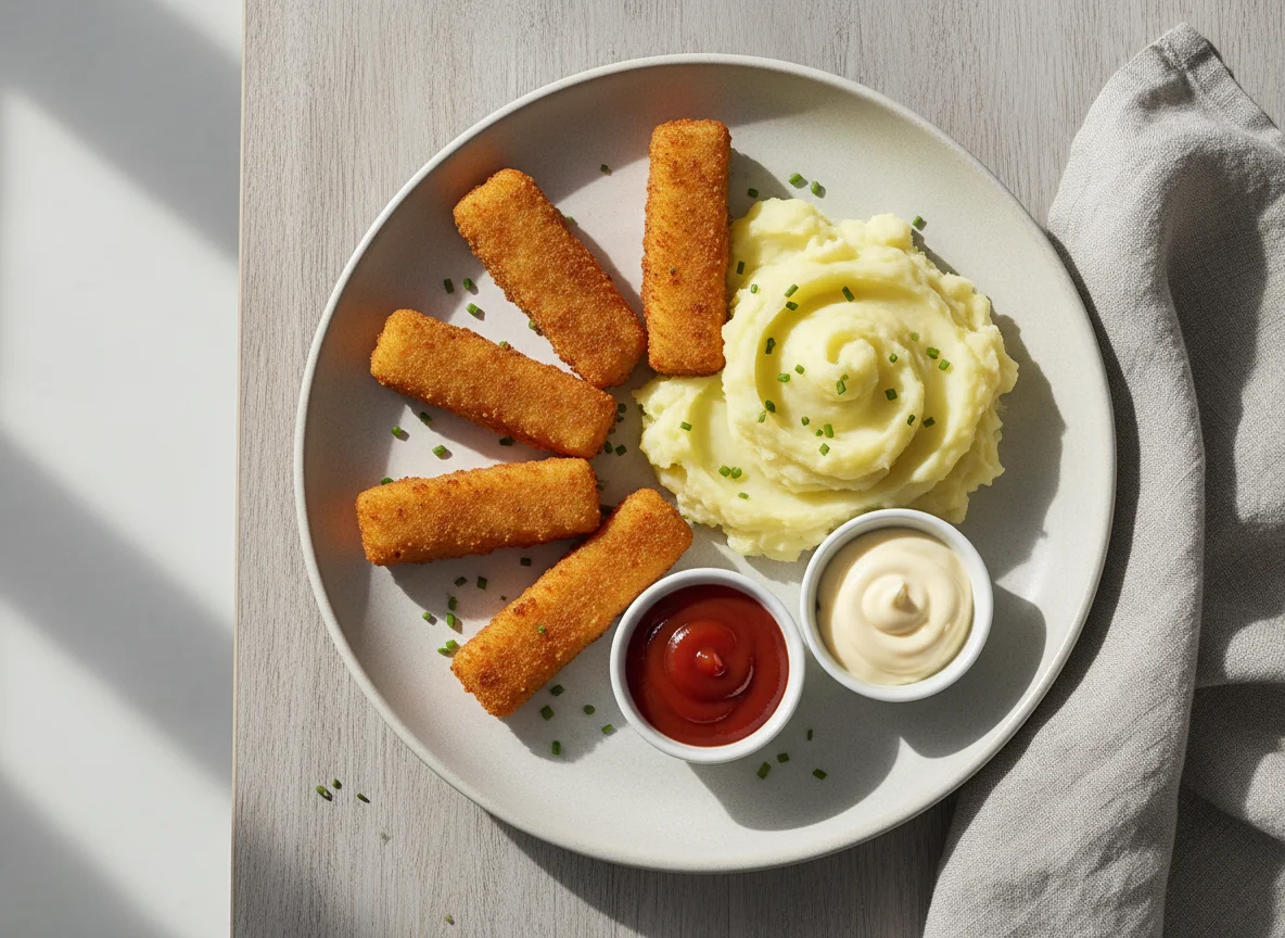 Fischstäbchen mit Kartoffelpüree und Saucen photo