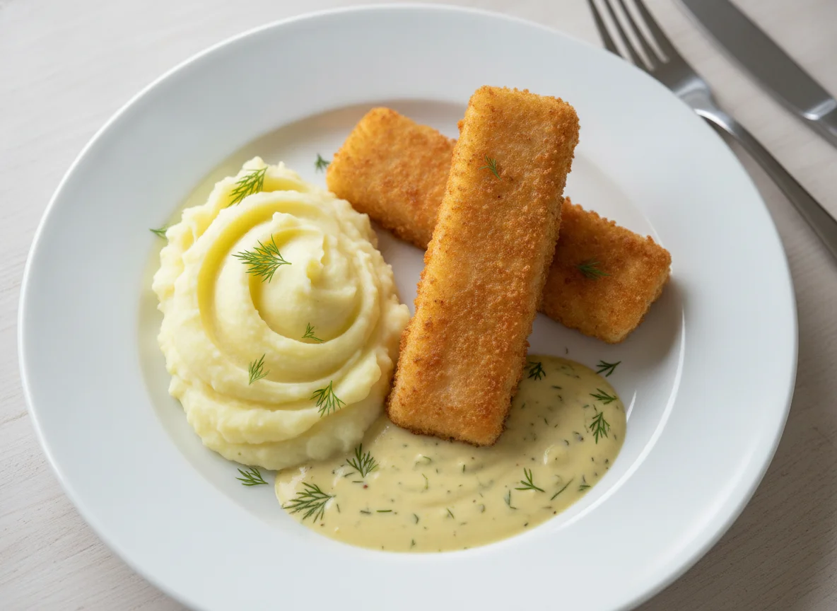 Fischstäbchen mit Kartoffelpüree und Senfsauce photo
