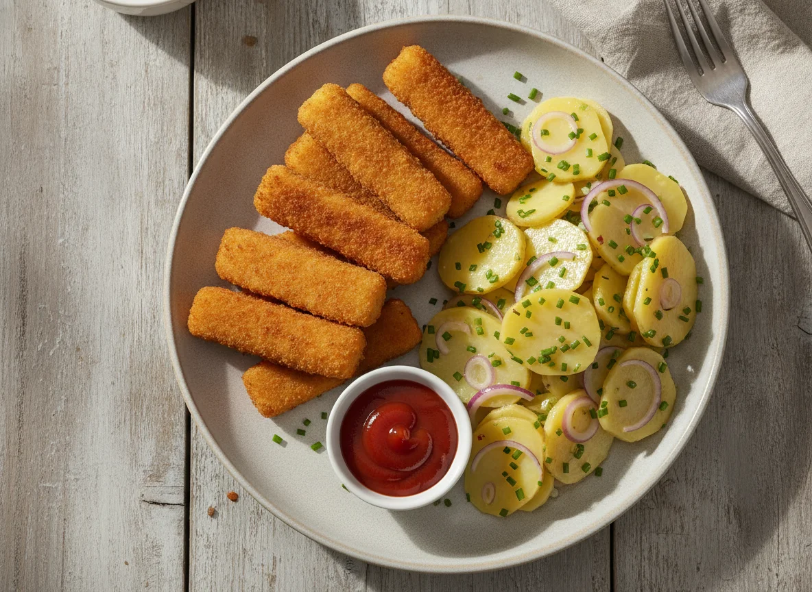 Fischstäbchen mit Kartoffelsalat und Ketchup photo