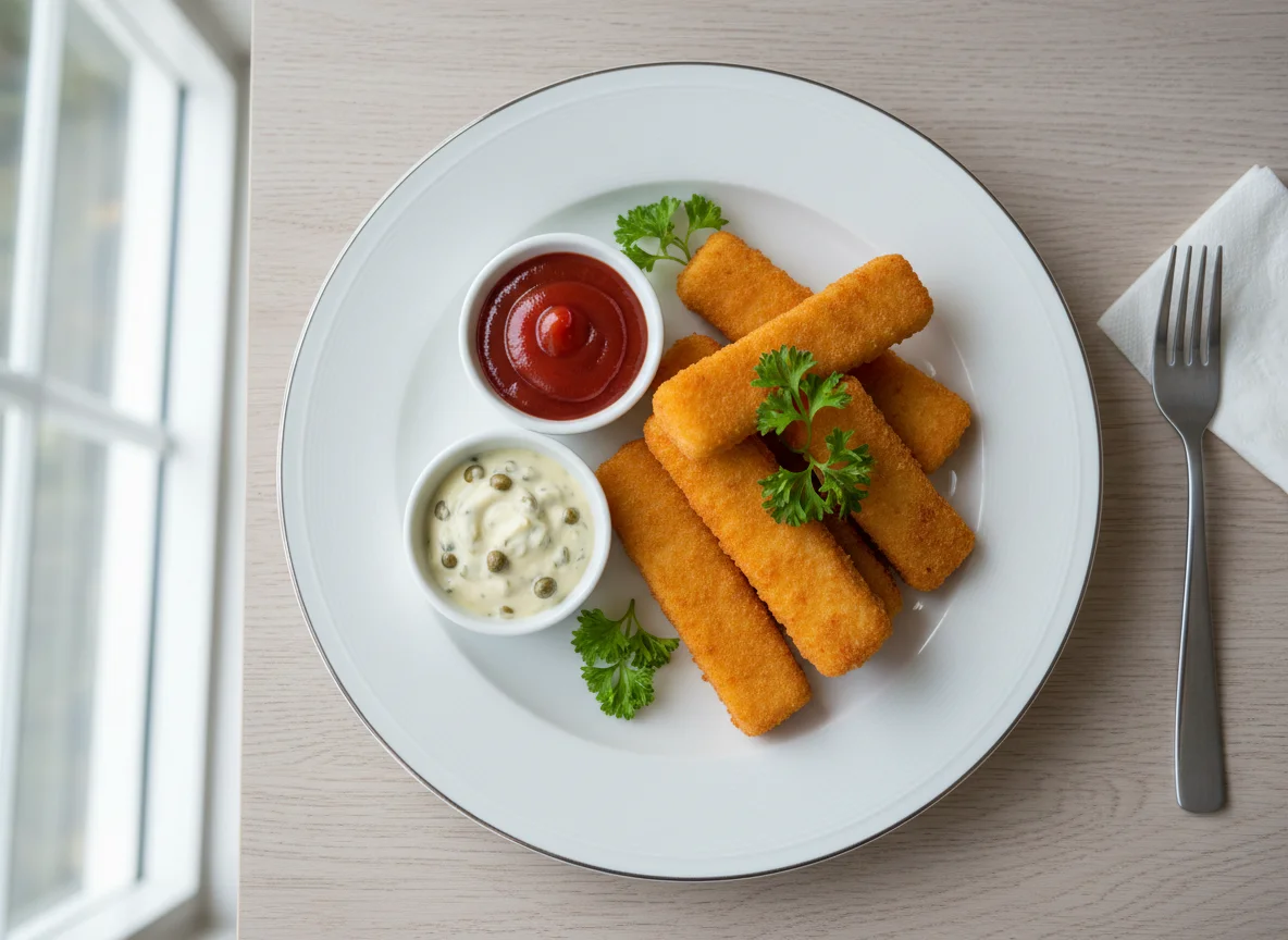 Fischstäbchen mit Ketchup und Remoulade photo