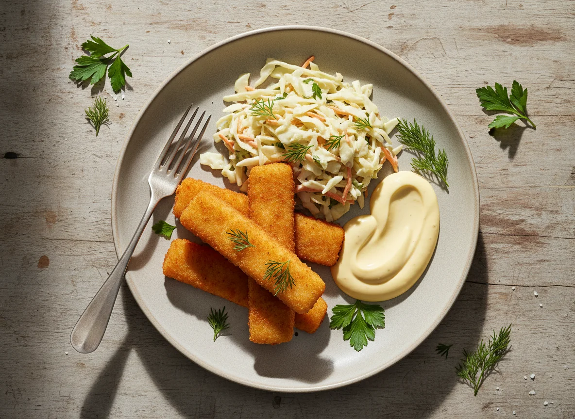 Fischstäbchen mit Krautsalat und Remoulade photo